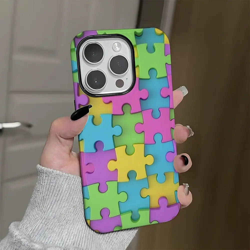 자폐증 지원 퍼즐 패턴 아이폰 17 에어 16 15 14 플러스 13 12 미니 11 프로 맥스 글로시 2 in 1 범퍼 케이스