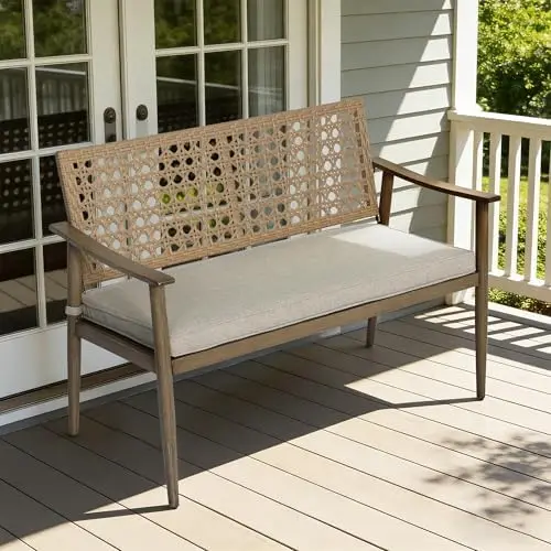 Outdoor Patio Bench with Cushion, 2-Person Garden Loveseat Bench with Wicker Backrest, Aluminum Frame for Outside