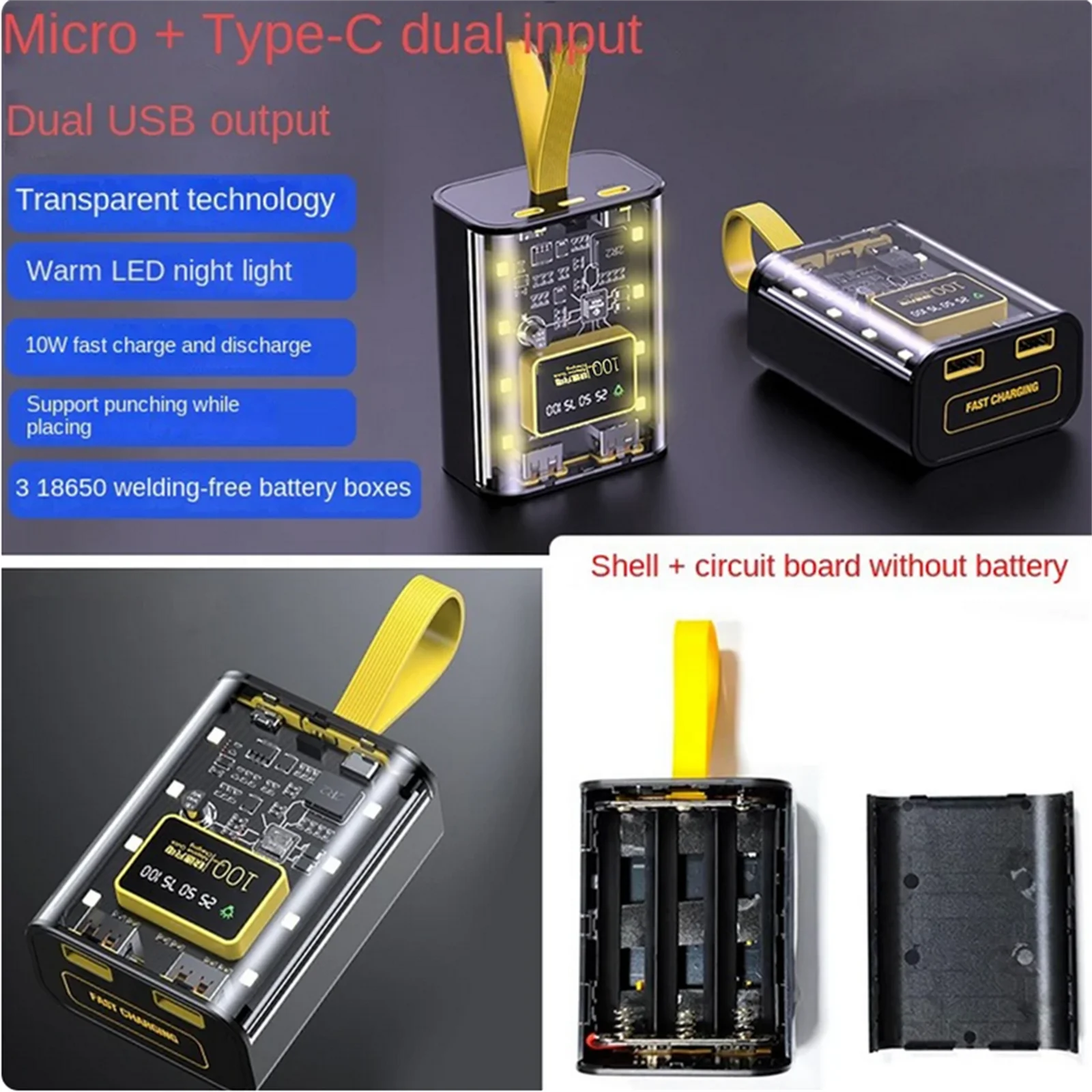 3*18650 Battery DIY Free Welding Power Bank Box 5V 2A Mobile Power Supply Shell Fast Charging Transparent Case With Night Light