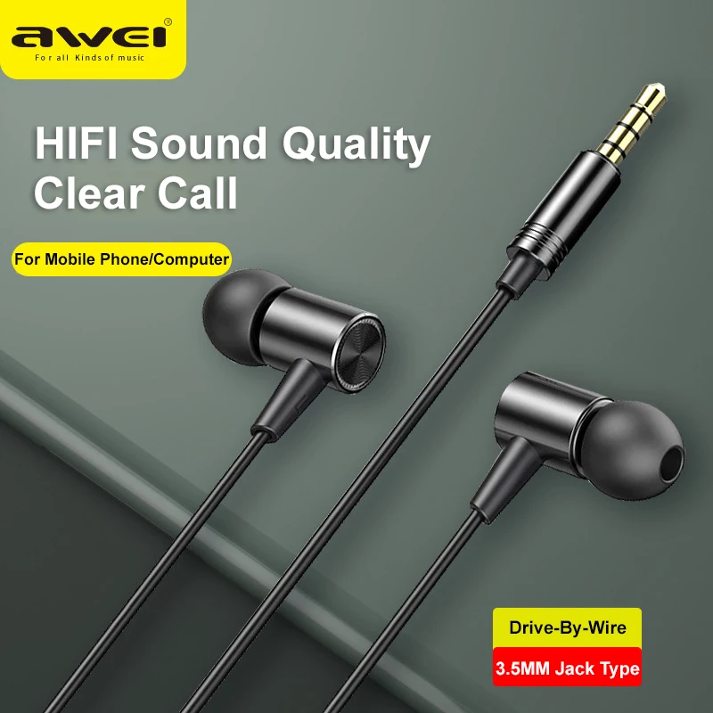 Awei L2 Wired Earphones 3.5mm Plug HiFi Stereo Surround Earbuds In-ear Wire-Controlled Call Music Wired Headset with Microphone