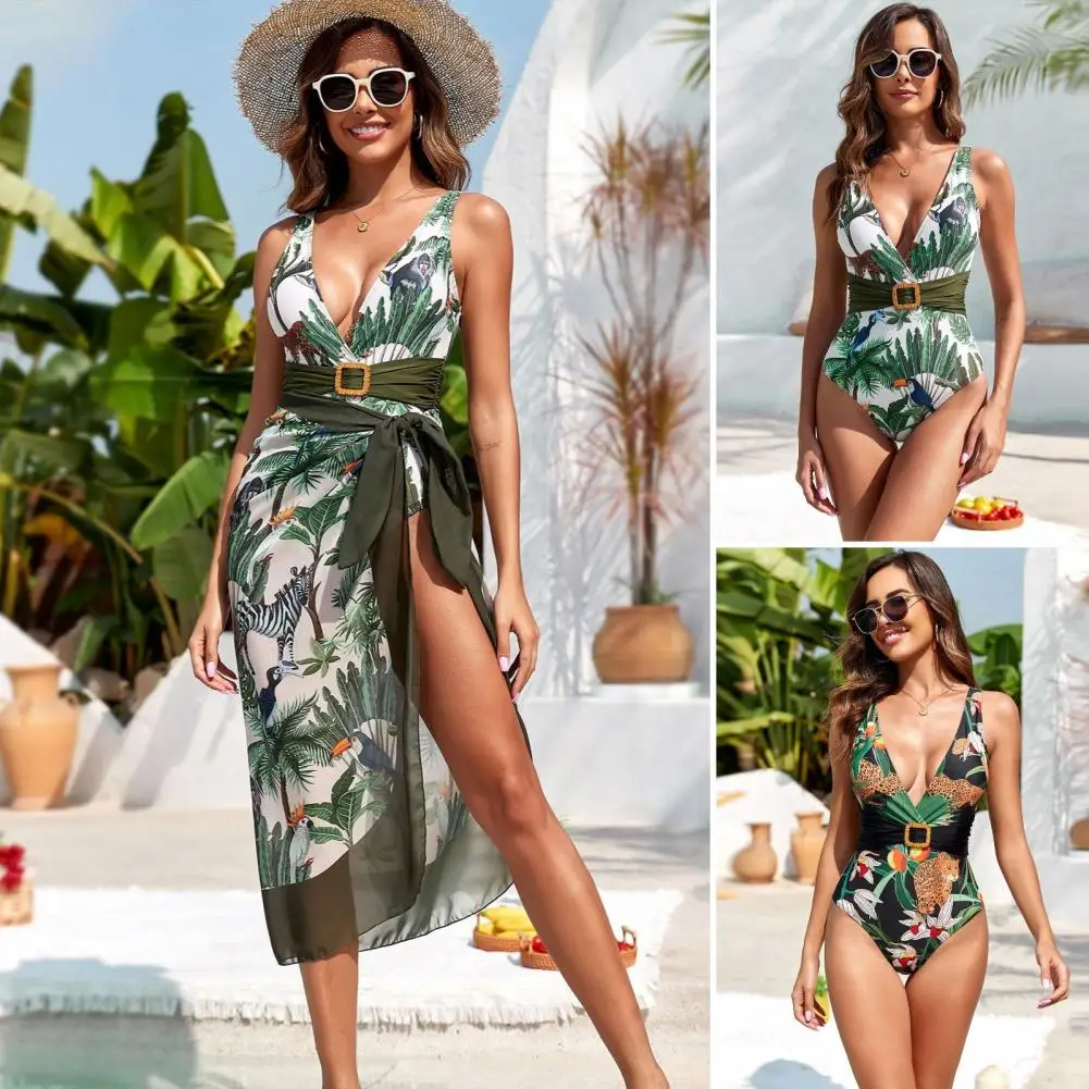 Conjunto de saia monokini estampa floral, maiô profundo com gola V, cintura apertada, cintura alta, macio, secagem rápida, com cordões, 2 peças por conjunto