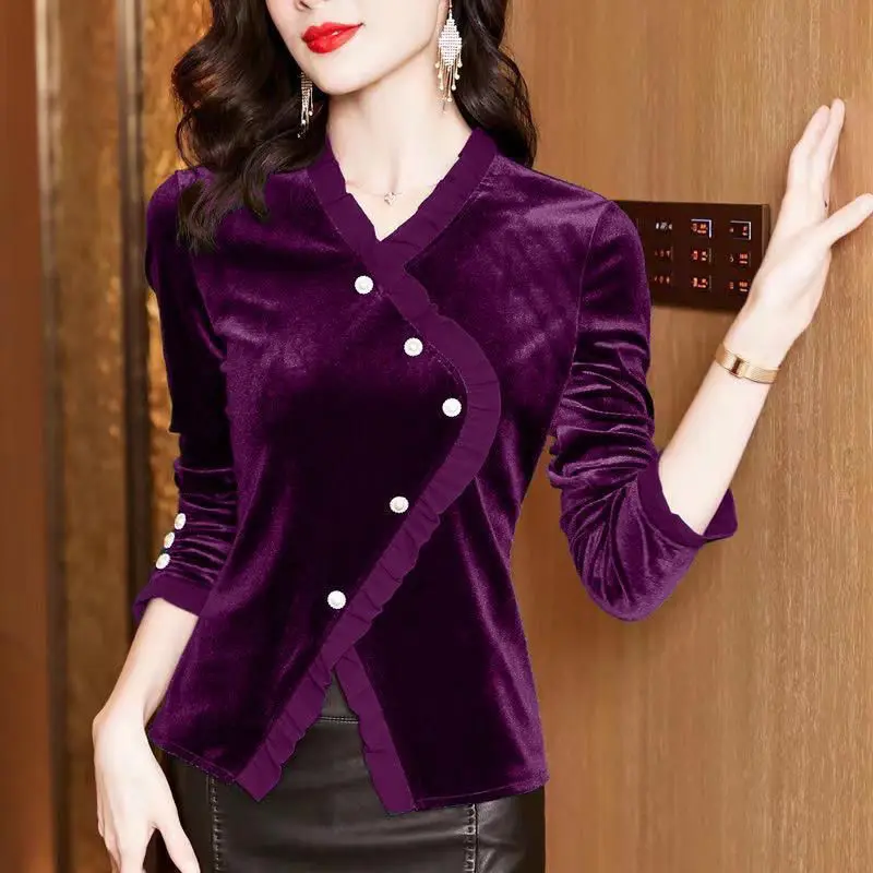 

Women's Clothing Commuter Versatile 2023 Autumn and Winter New Fashion Splice Button V-neck Long Sleeve Solid Color Slim Shirt