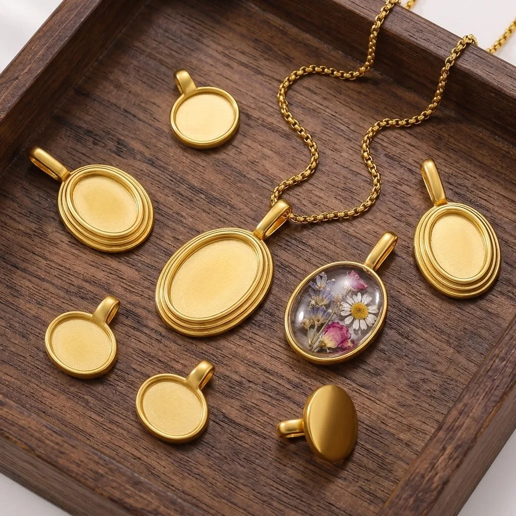 5 Stück Edelstahl-Oval-Fassungen für Anhänger, Leere Cabochon-Fassung für DIY-Halsketten, Ohrringe und Schmuckherstellung – Detail 1