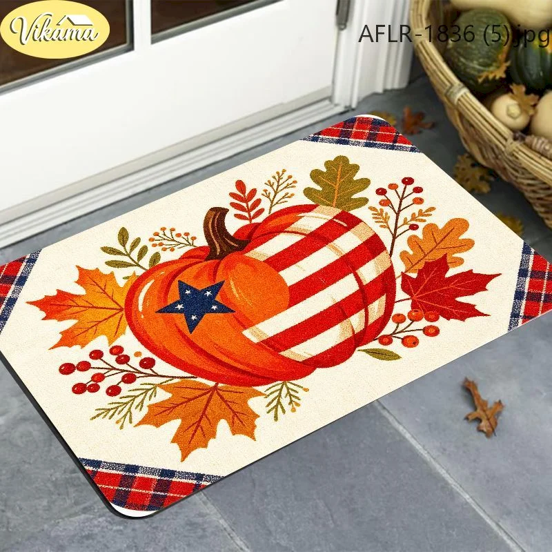 VIKAMA Patriotic Pumpkin Star Striped Door Mat Foot Mat Front Door Non Slip Washable Welcome Home Decoration