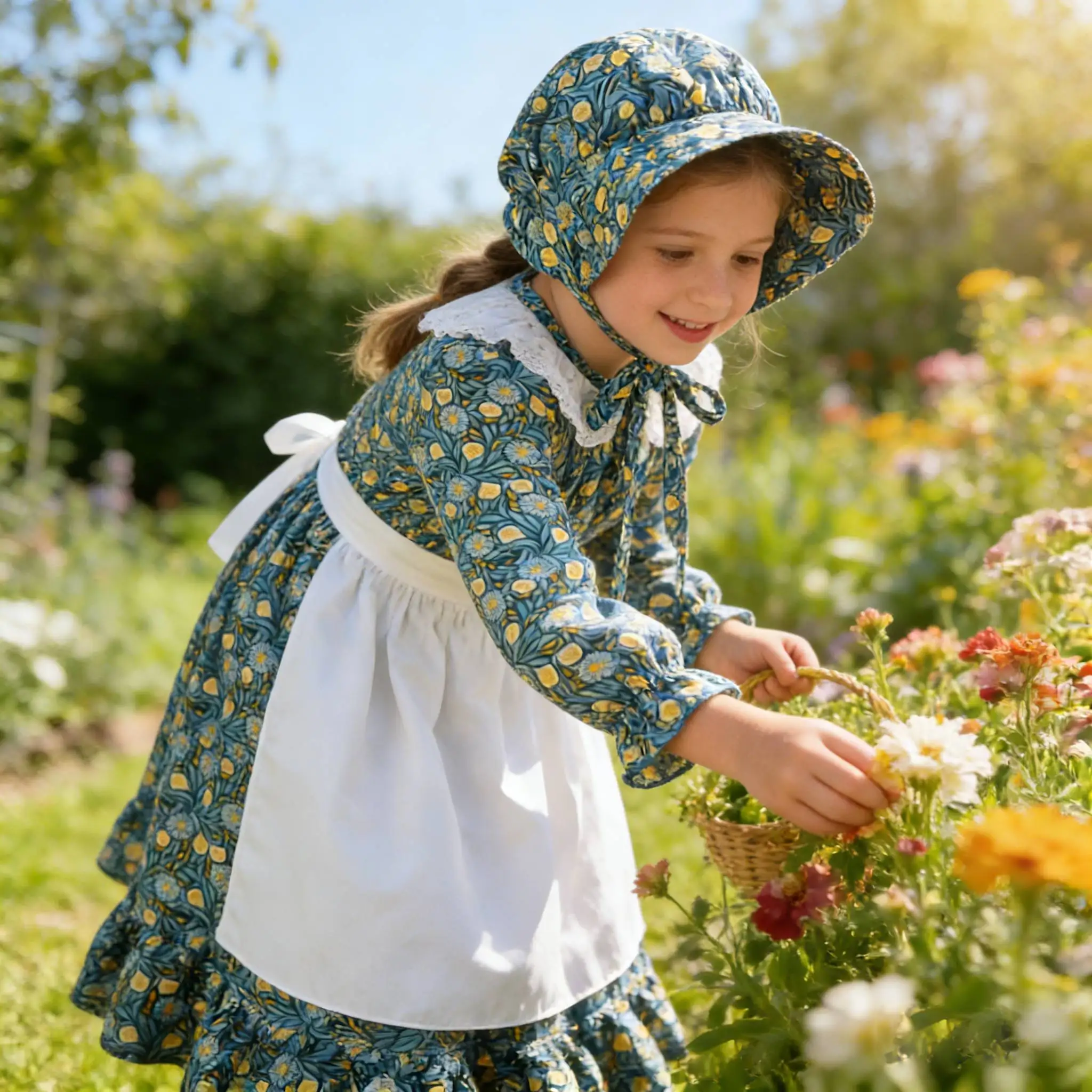 

Pioneer Floral Dress Girls Colonial Prairie Long Sleeve DRess With Apron Bonnet Sets For Kids Pilgrim performance Party Dress Up