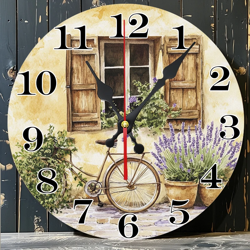 Rustic Wall Clock with Artistic Print - Bicycle, Window, Lavender Design for a Charming Home Touch