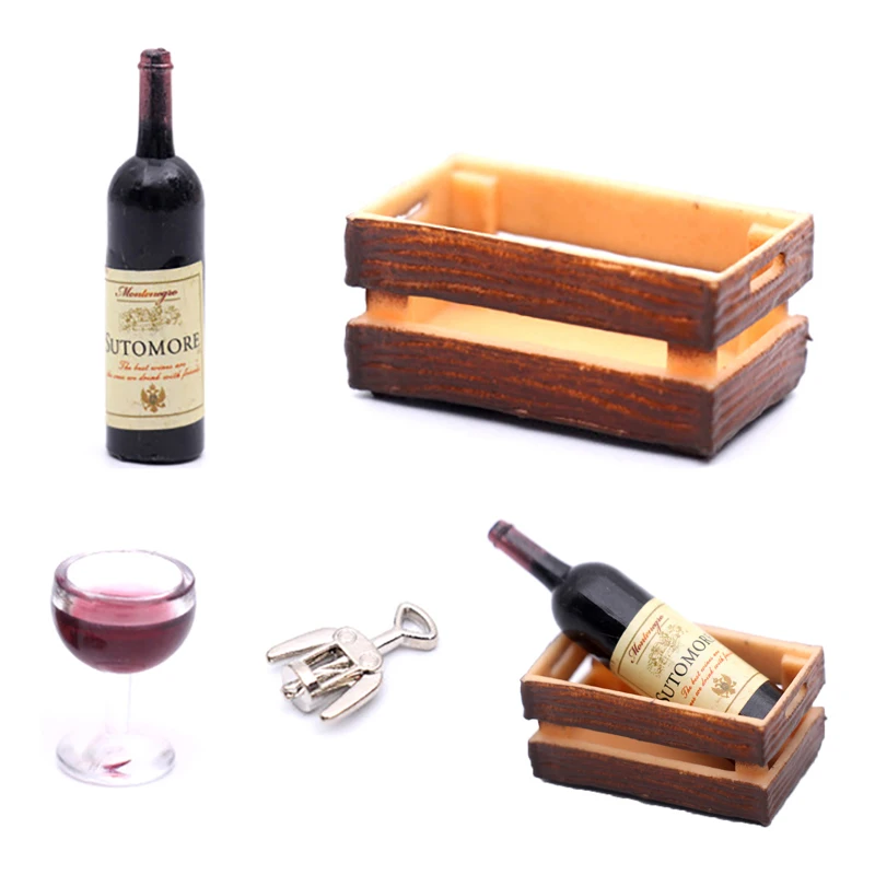 1Set Dollhouse Miniature Red Wine Bottles Wine Glass Bottle Opener With Box Model Doll House Kitchen Scene Decor Toy Accessories