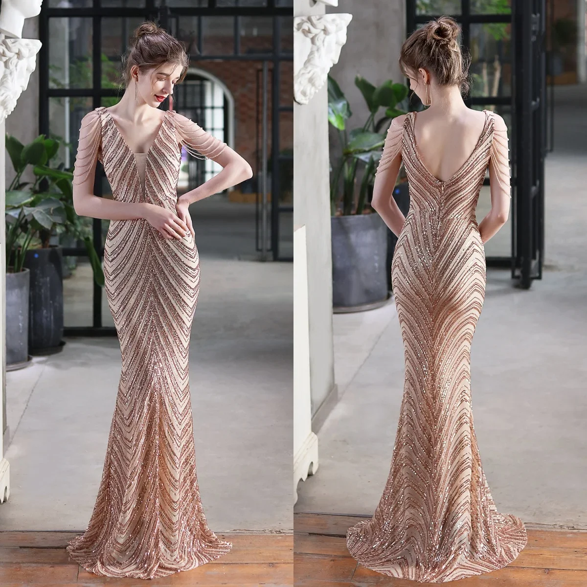 Evening Dresses Golden Sequins Stretchy Sgaphetti Straps Beads Zipper Mermaid Trumpet Floor Length Women Party Formal Gown YE046