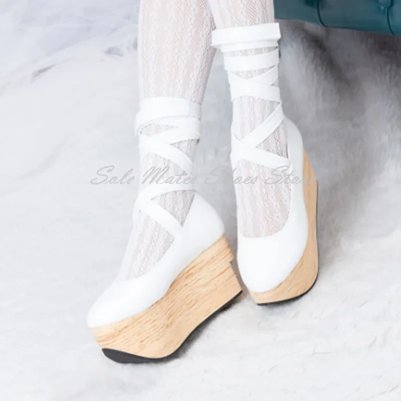 Sol Platform Serat Kayu Trendi Sepatu Wanita Ujung Bulat Sepatu Balet Tali Hak Tinggi Bawah Tebal Sepatu Kuda Goyang Buatan Tangan