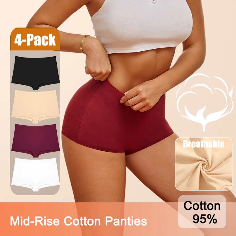 

4PCS/Set Women Cotton Panties Sexy Low Rise Boyshorts Seamless Sports Boxers Female Comfortable Underwear Solid Color Lingerie