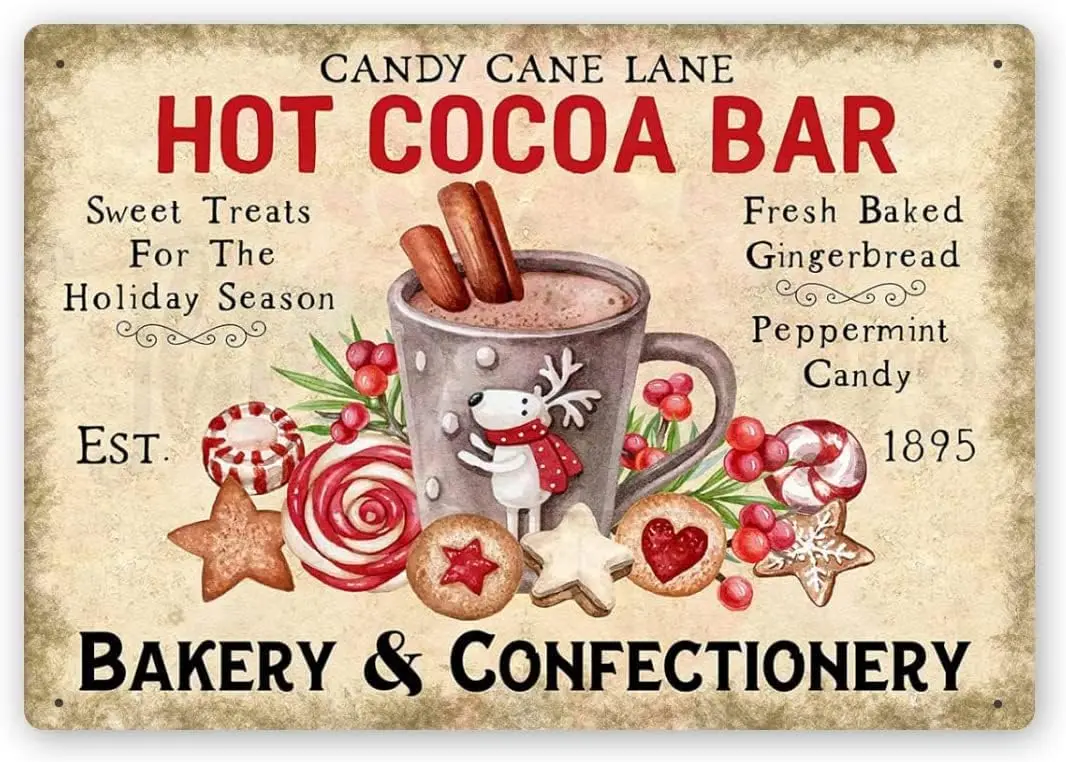 Hot Cocoa Bar Bakery Confectionery Vintage Metal Signs Wall Poster Coffee Shop Plate Retro Novelty Funny Bar Kitchen Tin Sign