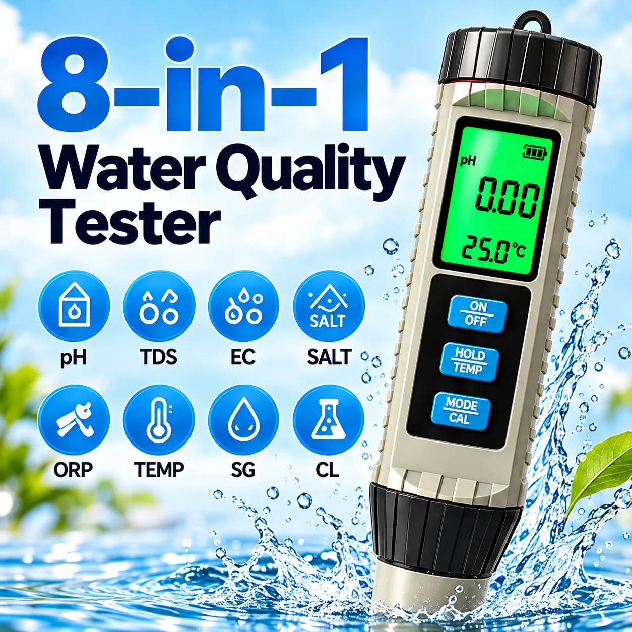 Portable Digital Water Tester Data Hold One Key Switch Mode TDS EC PH CL S.G SALT ORP Temp For Household Drinking Water Testing