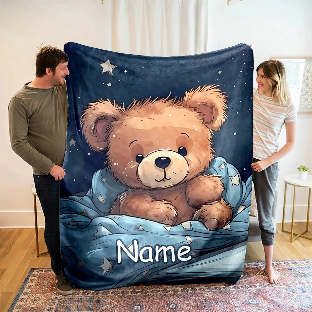 Customized Name Personalized Blanket Bear Pattern Text Children Warm Soft Blankets Home Travel and Comfortable Blanket