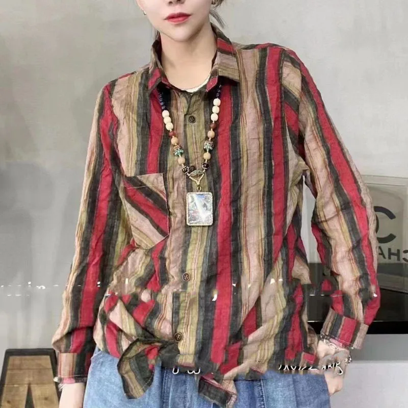 Spring Autumn New Women\'s Korean Version POLO Collar Stripes Button Pockets Spliced Fashion Loose Casual Long Sleeve Shirt Tops