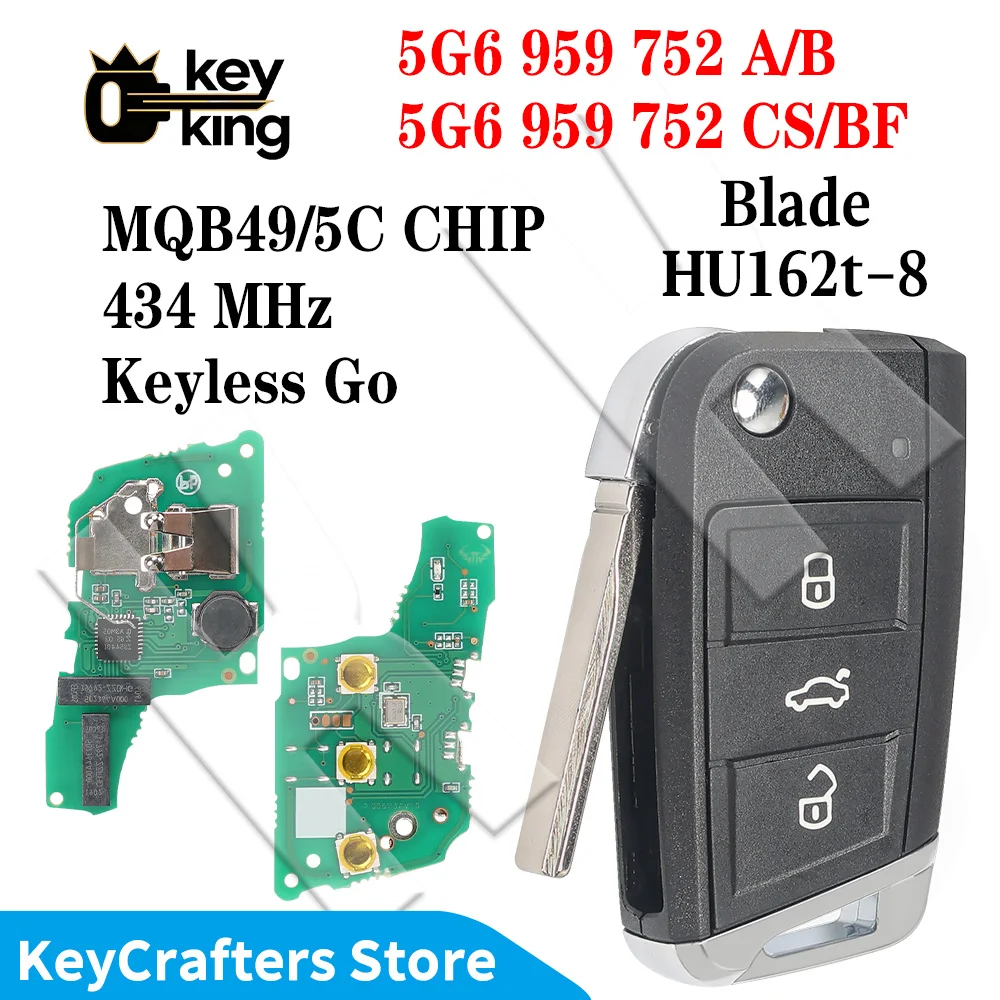 KK 3 Button Flip Smart Remote Key Fob Keyless Go For VW, MQB49/5C Chip, 434MHz, HU162t-8 Blade Replacement Key