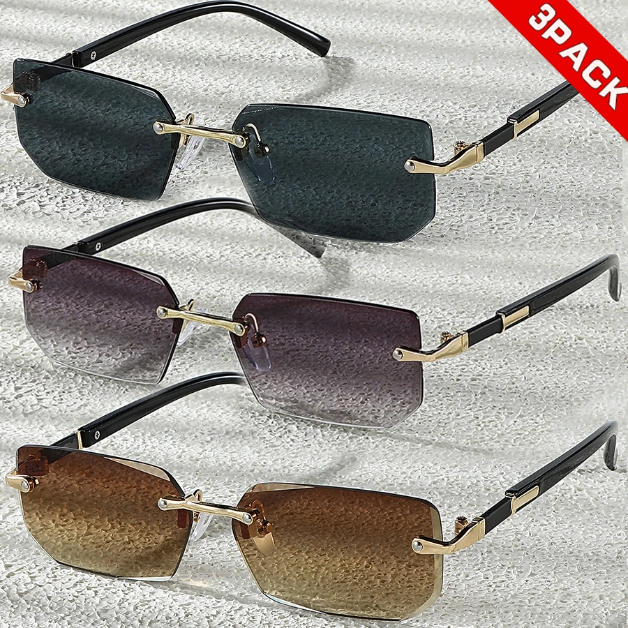 3PCS Rimless Rectangle Sunglasses Set – Metal Frame, UV400 Protection, Fashion for Men & Women, Perfect for Street Snap