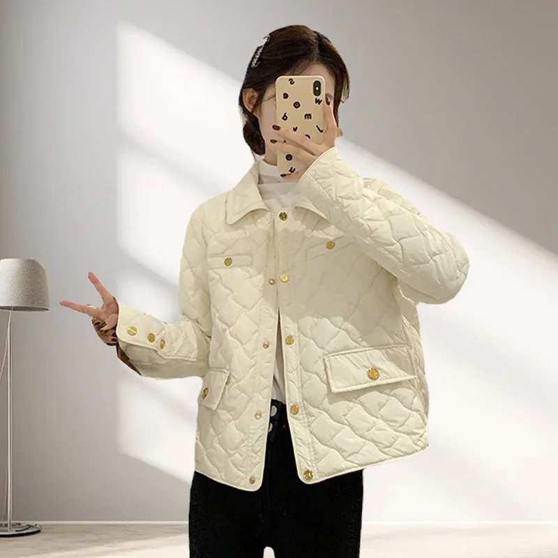 

Women's Cream Quilted Puffer Jacket, Short Lapel Lightweight Padded Coat with Gold Buttons, Elegant Preppy Style Outerwear
