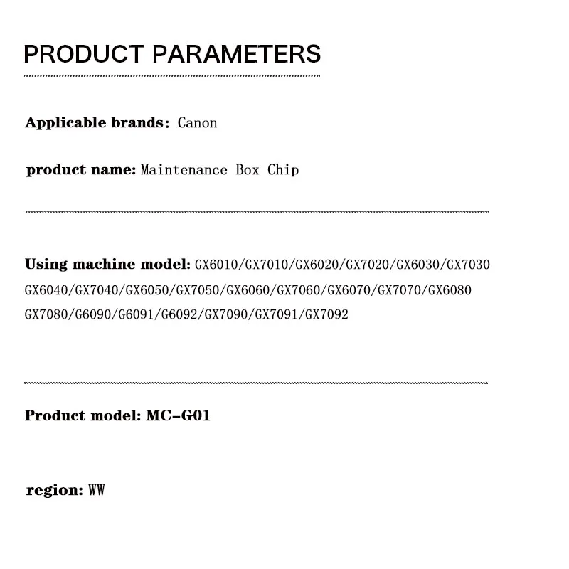 Chip de caixa de manutenção para Canon MAXIFY, MC-G01, GX6010, GX7010, GX6020, GX7020, GX6030, GX7030, GX6040, GX7040, GX6050, GX7050, GX7050, GX6060, GX7060