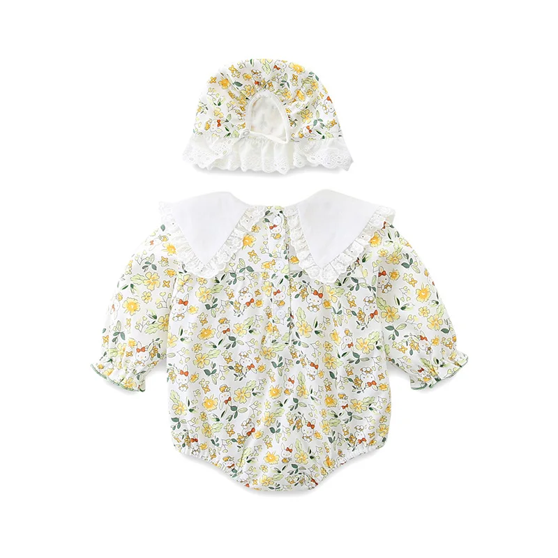 Spring Autumn Newborn Cotton Cute Baby Bodysuits Clothing with a Hat Girls Floral Romper Outdoor One Piece Jumpsuit 0-18M