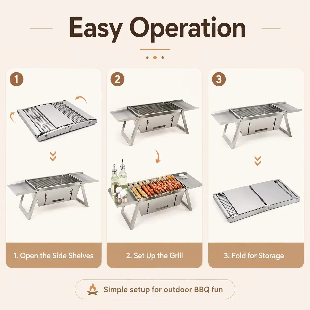 Foldable Stainless Steel Charcoal BBQ Grill Portable Outdoor Barbecue Stove for Camping Backyard Picnic Heavy Duty