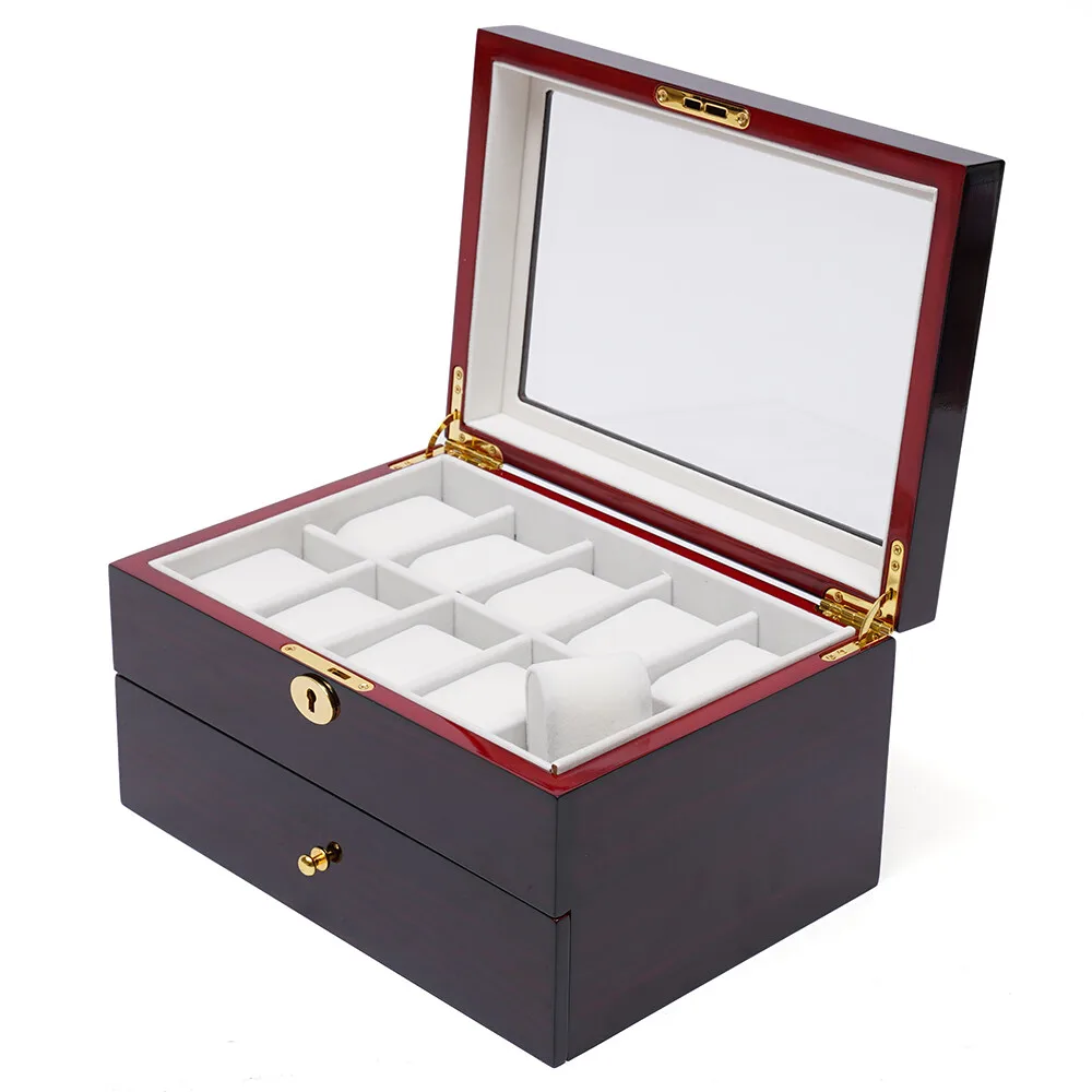 Caixa de exibição de relógio de madeira com 20 espaços, caixa organizadora de armazenamento de joias com parte superior de vidro + trava