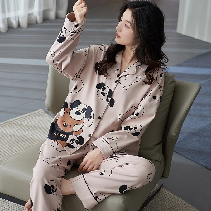 M-XXL cotton women's pajama cardigan with cute little bear pattern, loose and casual women's home clothing set