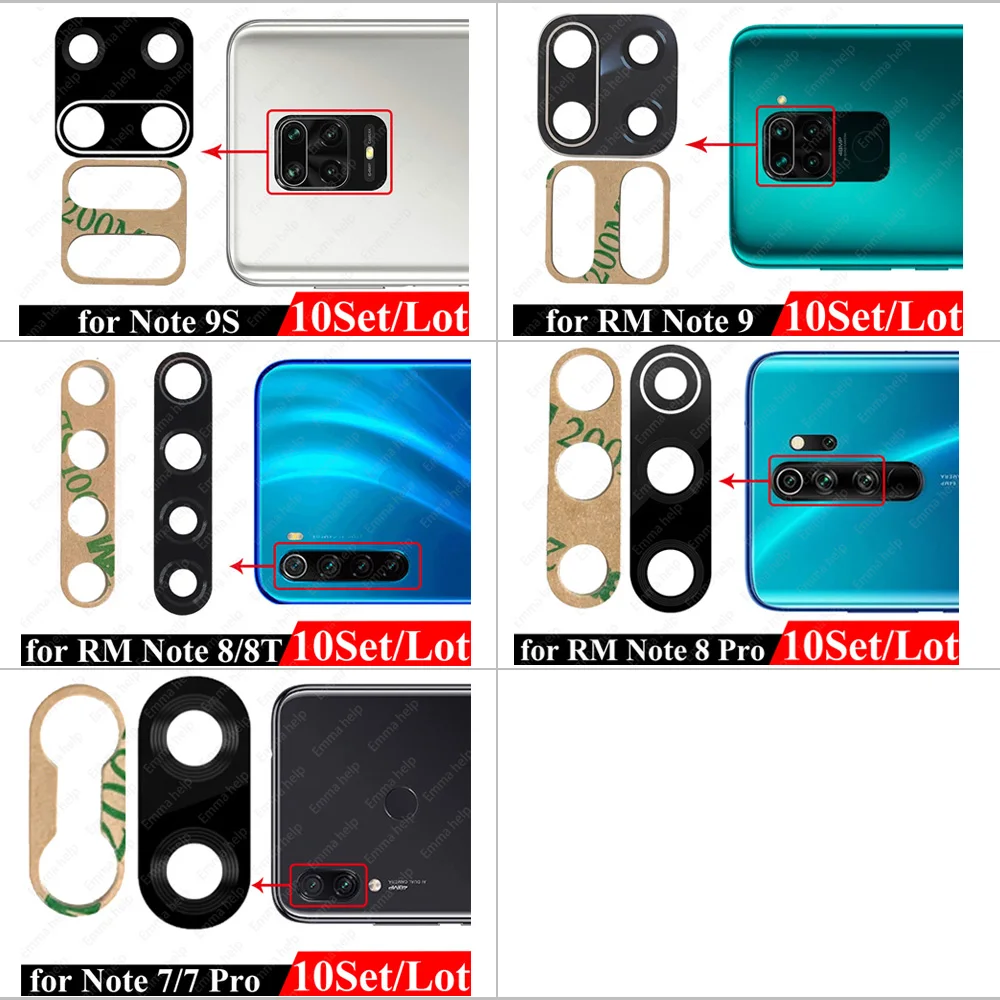 10Pcs Camera Lens For Xiaomi Redmi Note 9 Pro Max 9s 8 8t 7 7Pro Note10 5G 10t Back Camera Glass With Glue Adhesive