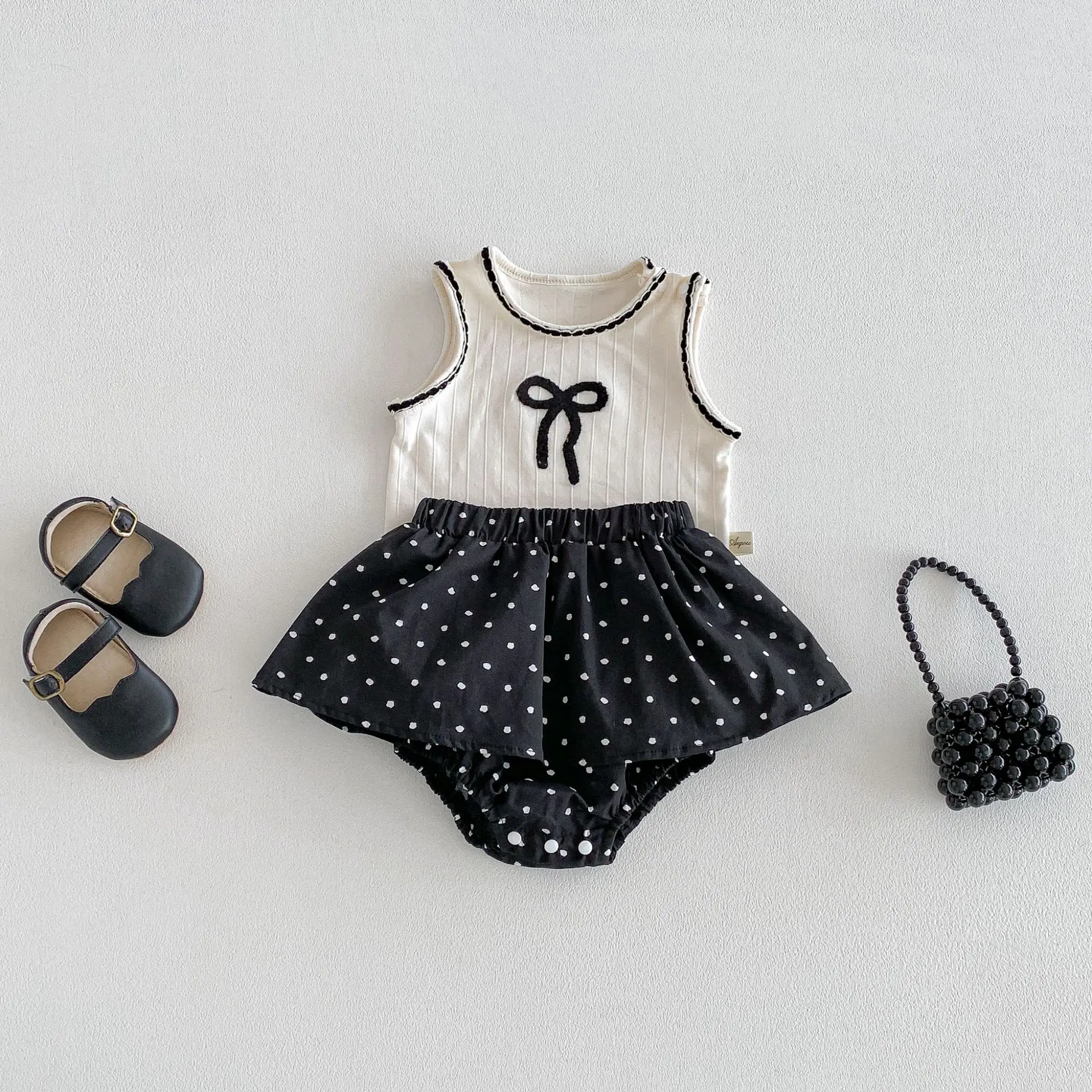 2026 Summer Baby's Sets Fashionable Bow Princess Girls Sets Thin Sleeveless Top Polka Dot Pants Two-piece Set 1-3 Years Old