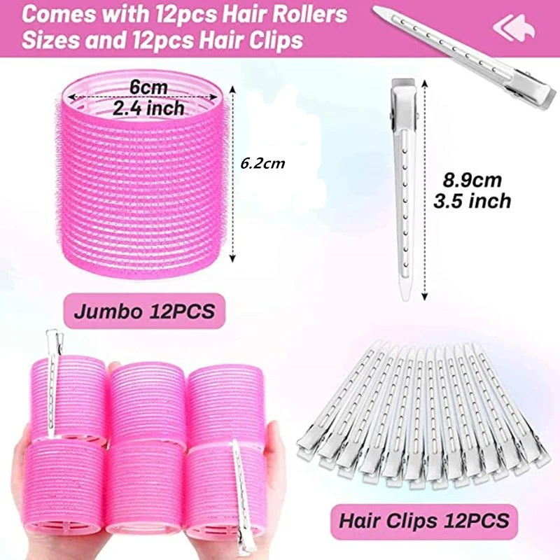 Jumbo Size Self-Grip Hook Hair Rollers Set 24pcs Natural Curlers Heatless Self-adhesive Curling Hairdressing Styling Tools