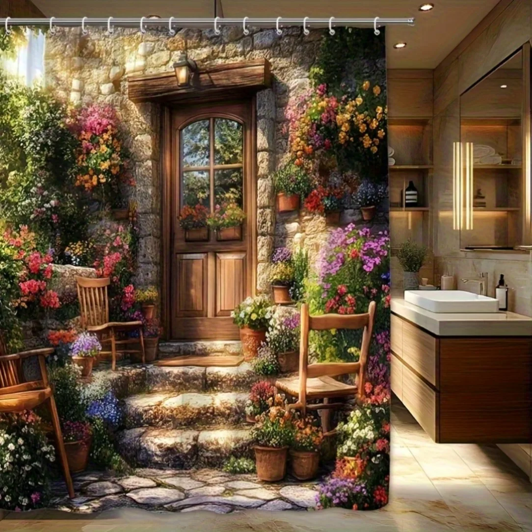 2D Flat, 2D Flat Shower Curtain, 1pc, Pastoral Flowerpot with Blooming Flowers Shower Curtain, Comfortable, Multiple Sizes Avail