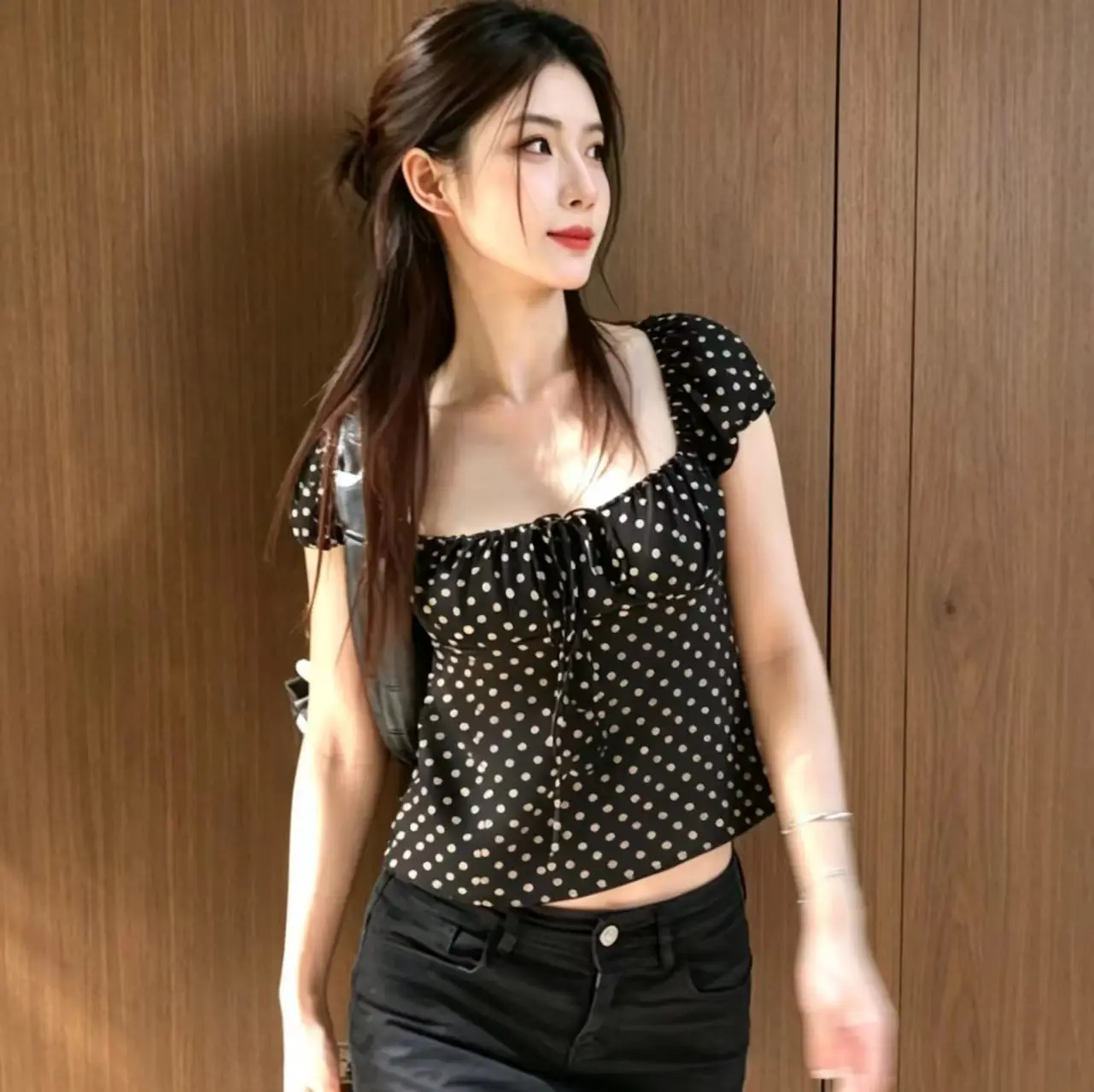 Summer Polka Dot Short Sleeve Shirt Women's Tie Waist Square Collar Slimming Pure Desire Sweet Top Casual Style T-shirt