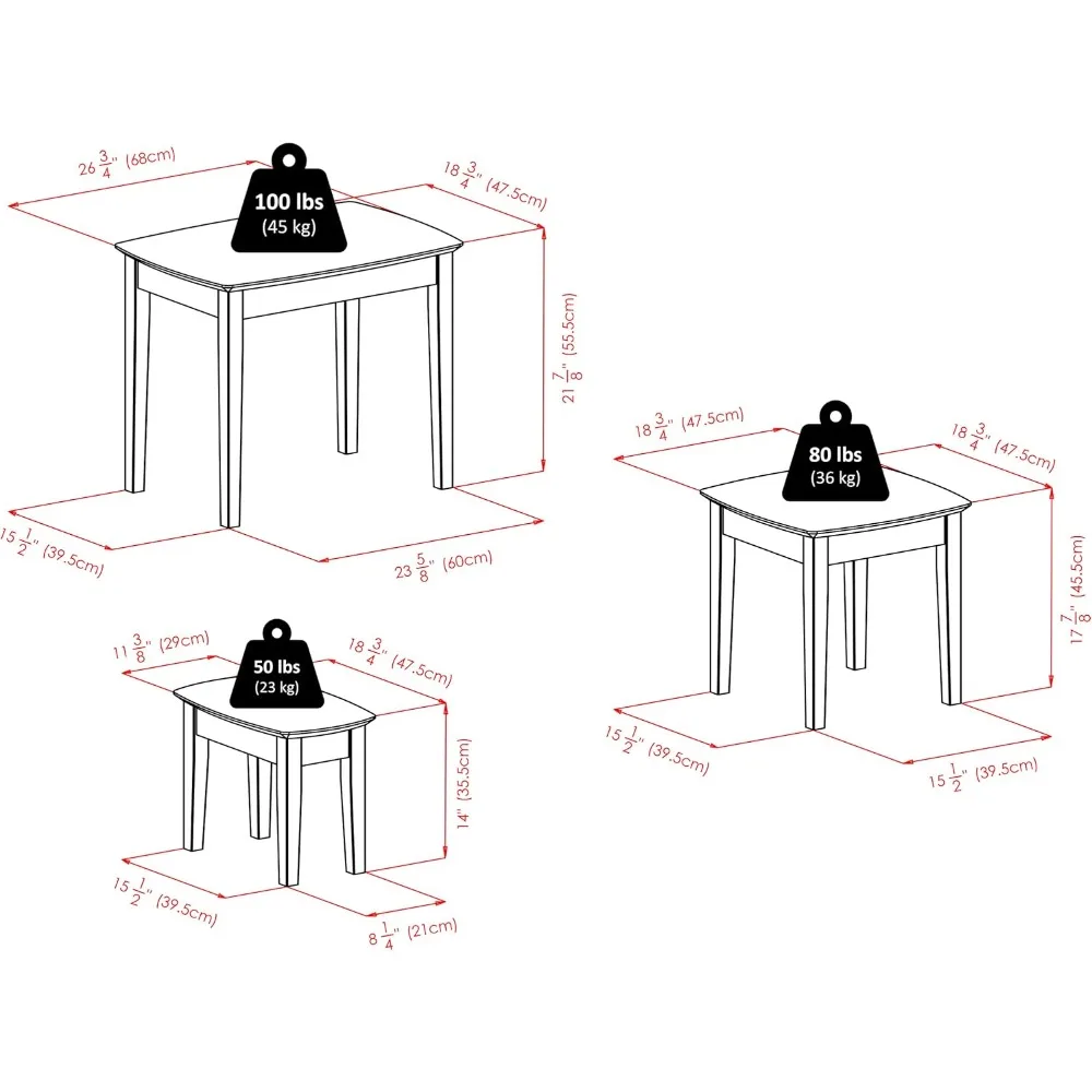طاولات متداخلة من مجموعة Walnut Finish Bradley مقاس 21.9، 17.9، و14 ارتفاعات