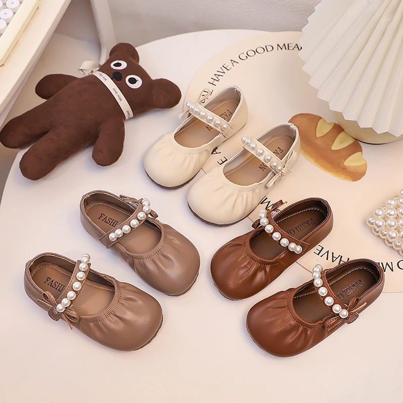 Summer Girl's Mary Janes Bowknot Pearl Wrinkled Sweet Kid's Flat Shoe Solid Colors Anti-slip Daily Versatile Chic Children Shoes