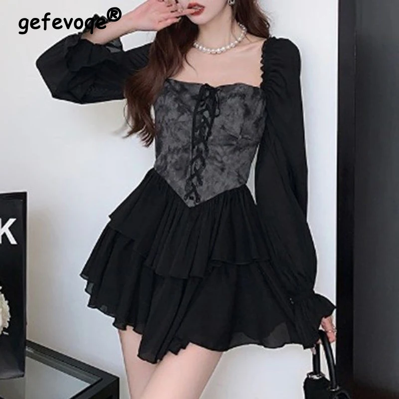 Women Retro Sweet Lace Up Gothic Harajuku Irregular Party Dresses Y2K Sexy Off Shoulder Long Sleeve Slim Club Mini Dress Vestido