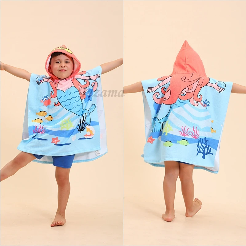 Toddler Baby Girls Hooded Bath Towels Mermaid Animal Cartoon Children\'s Cloak Beach Towels Quick Dry Soft Comfortable Towels