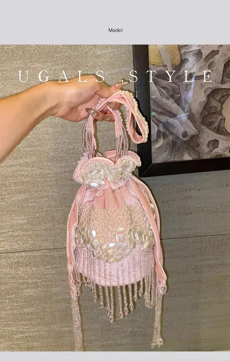

Fashion Pearl Beaded Women Handbag Beads Beading Tassel Handmade Velvet Hobo Bag Luxury Clutch Purse Wedding Party Banquet Bag