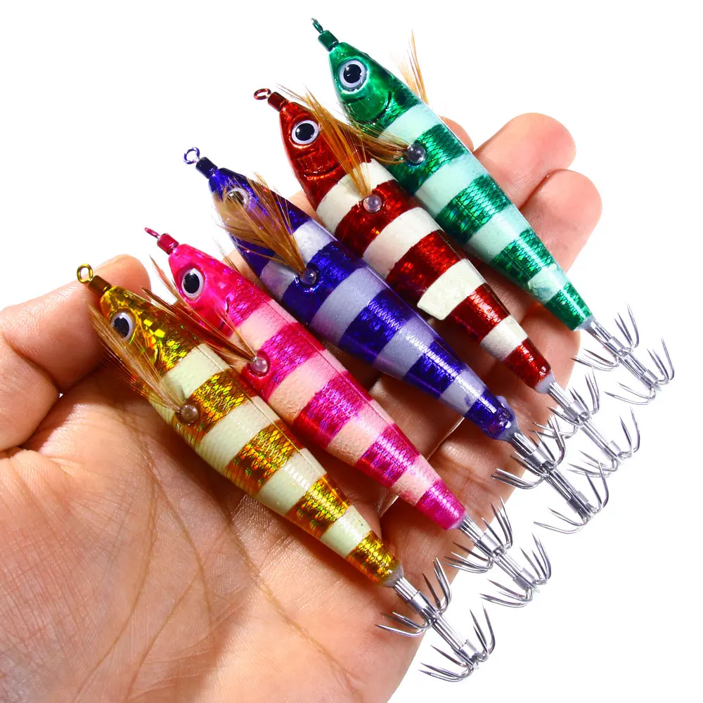 Newup Pesca Luminous Squid Jig Fishing Wood Shrimp Lure with box 10.5cm-9.5g Cuttlefish Octopus Fishing Lures Squid Bait