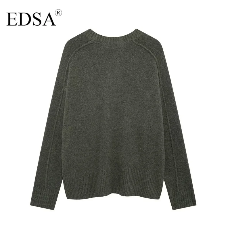 EDSA Women Green Soft-touch Knit Sweater Long Sleeves Round Neck Ribbed Trims Pullovers for Autumn Winter Top