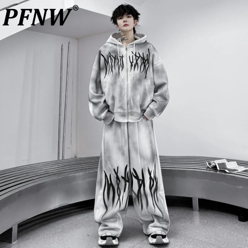 

PFNW Two Piece Men Set Autumn Spray Painted Hand-painted Trendy Hooded Sweatshirt High Street Male Loose Wide Leg Pants 28W4530