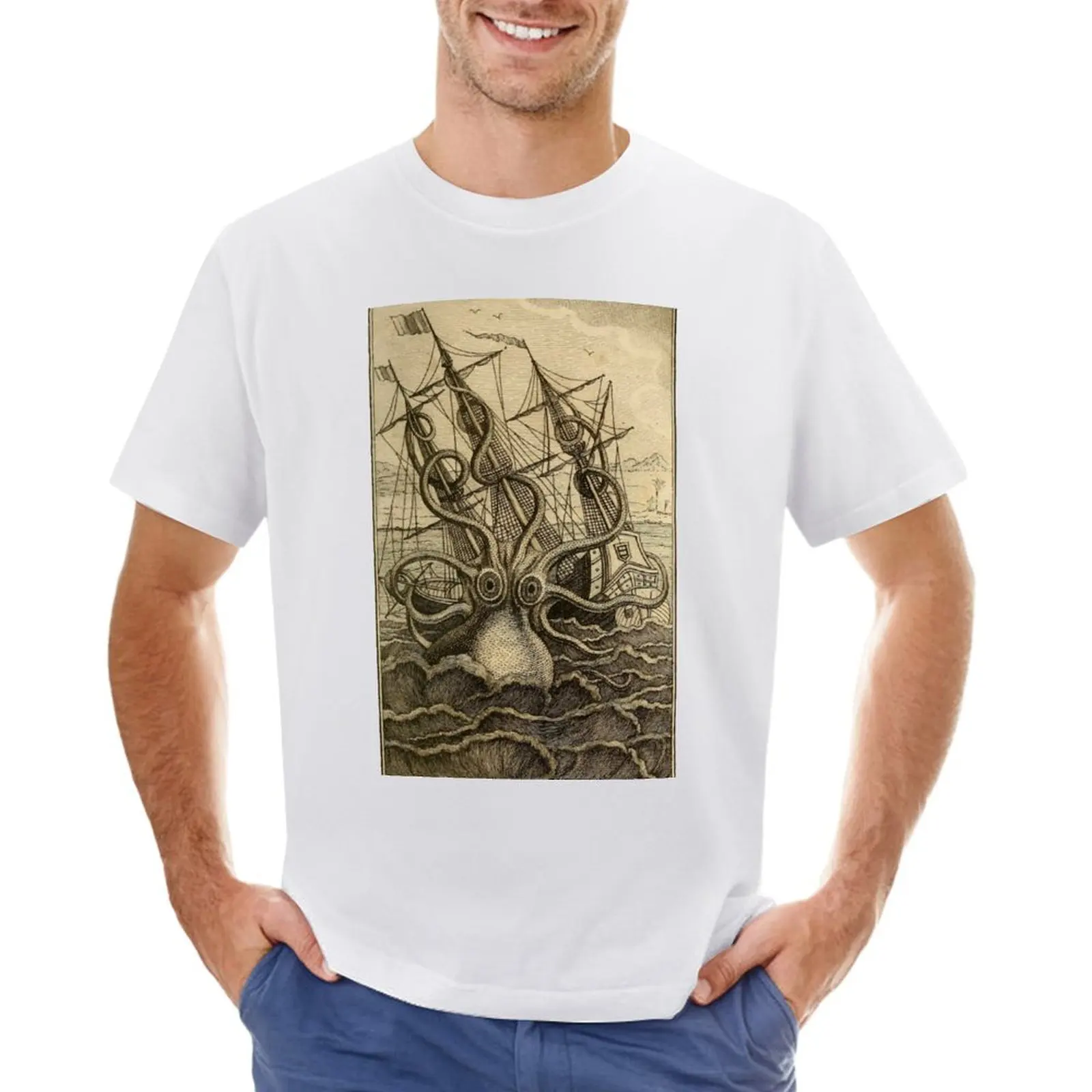 Vintage Kraken attacking ship illustration on parchment T-shirt summer clothes heavyweights summer top mens tall t shirts