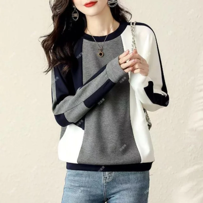 Women\'s Simple Splicing Contrast Color Sweatshirts Versatile Casual Style All-match New Fashion Autumn classic lady top