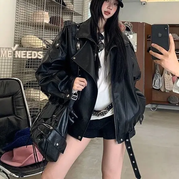 

Women's Cool Stylish Autumn Black Leather Jacket Top Retro Motorcycle Jacket Unique Loose Fit Full Sleeve Casual Coats 2025