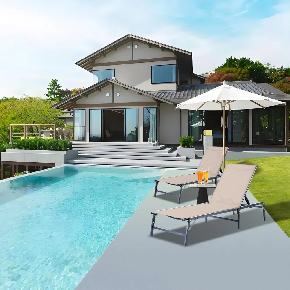 طقم كراسي استرخاء خارجية مكون من قطعتين، قابلة للطي وخالية من التجميع، 6 أوضاع قابلة للتعديل، إطار متين مقاوم للصدأ، محمول