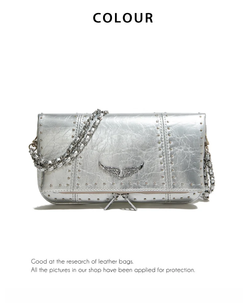 Bolso Bandolera Tipo Sobre Pequeño para Mujer 2026, Bolso de Hombro Casual de Cuero Encerado Negro Suave con Cadena de Remaches Plateados