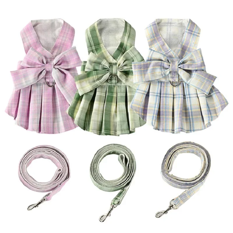 

Pet skirt Plaid skirt tank top tracer Teddy Bear Outing Clothes Bow Cute Princess dress Cat dress Chest suspenders dog leash