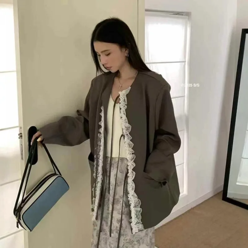EAEOVNI contraste couleur dentelle épissé veste d'extérieur femmes mode à lacets conception polyvalent Blazer manteau 2025 nouveaux vêtements 1A1024