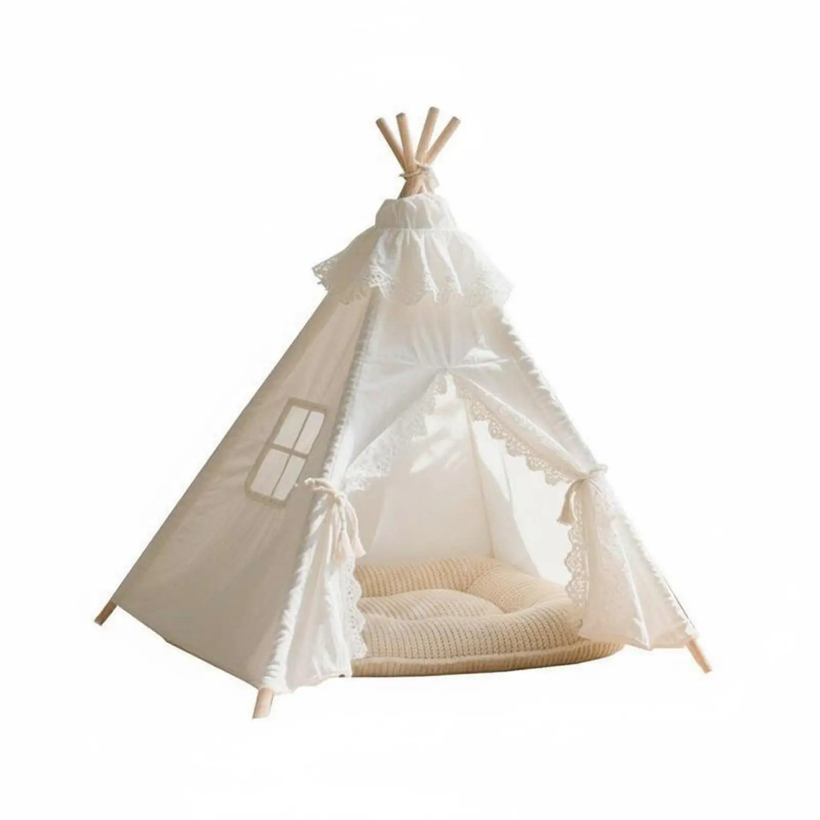 Pet House Tent Portable Shelter for Cats with Pine Wood Support and Canvas Cover Snug Teepee Style Bed for Small Pets