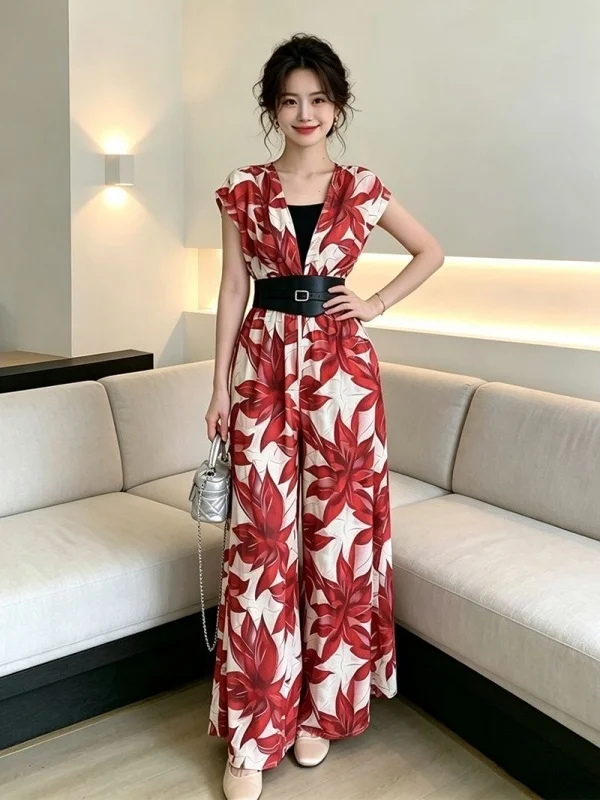 

V-Neck One-Piece Pants Women's High Waist Wide Leg Pants Summer New Design Printed Slimming Effect Polyester Fiber
