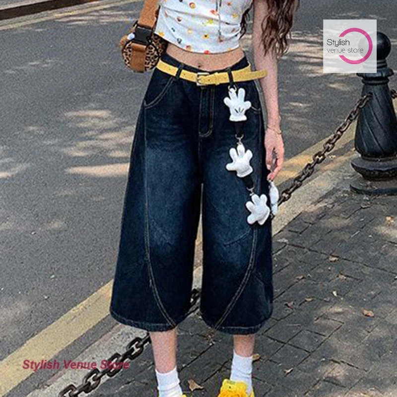 American retro Leopard-lettered embroidered denim cropped trousers for women's summer new fashion loose slim wide-leg shorts.