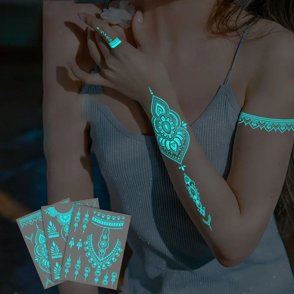 Blue Glow Henna Tattoo Sticker Glow in the Dark Lasting Luminous Temporary Tattoos Waterproof Sweatproof Fake Lace Tattoos